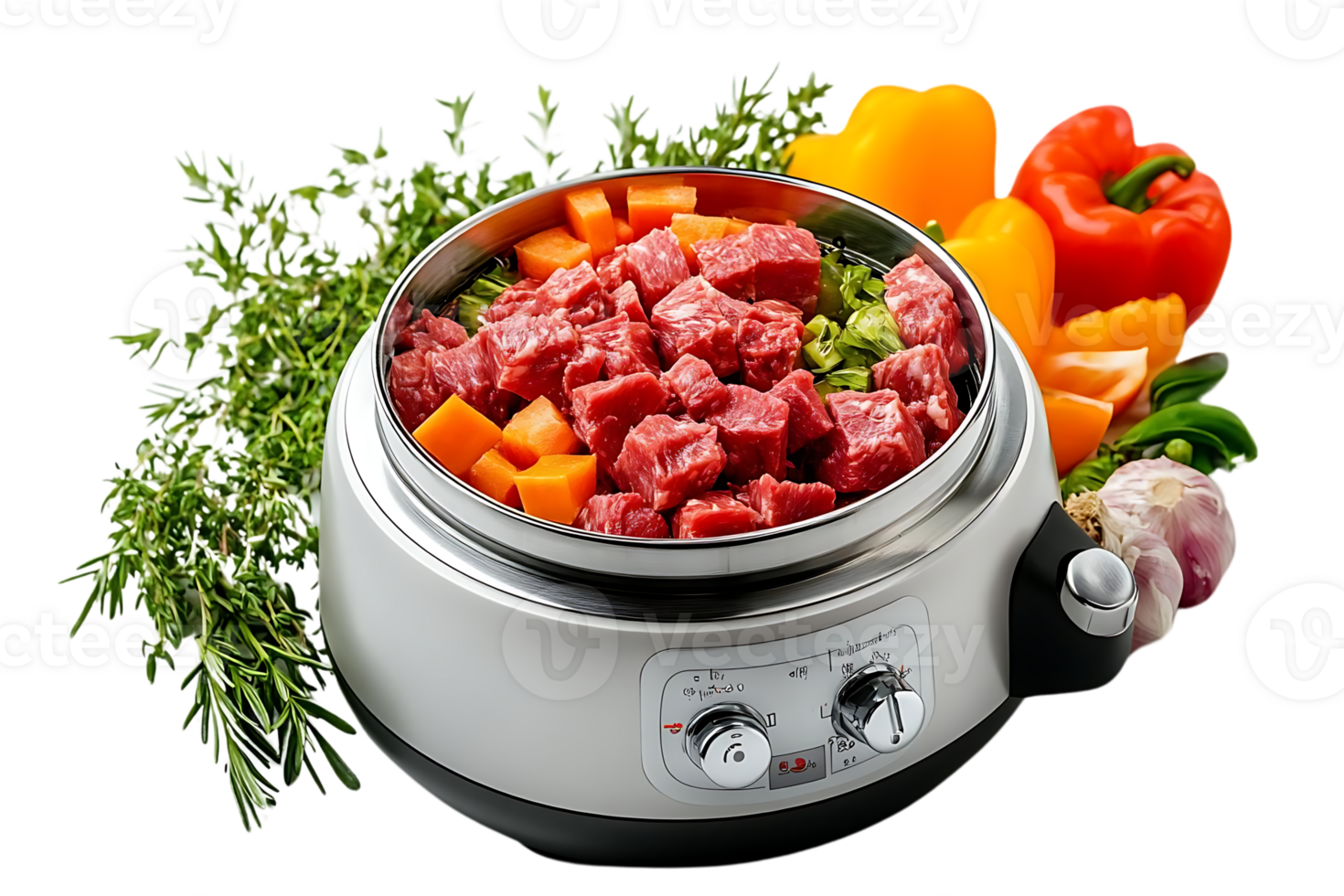Steaming Deliciously Beef and Vegetables in a Transparent Background Cooker png