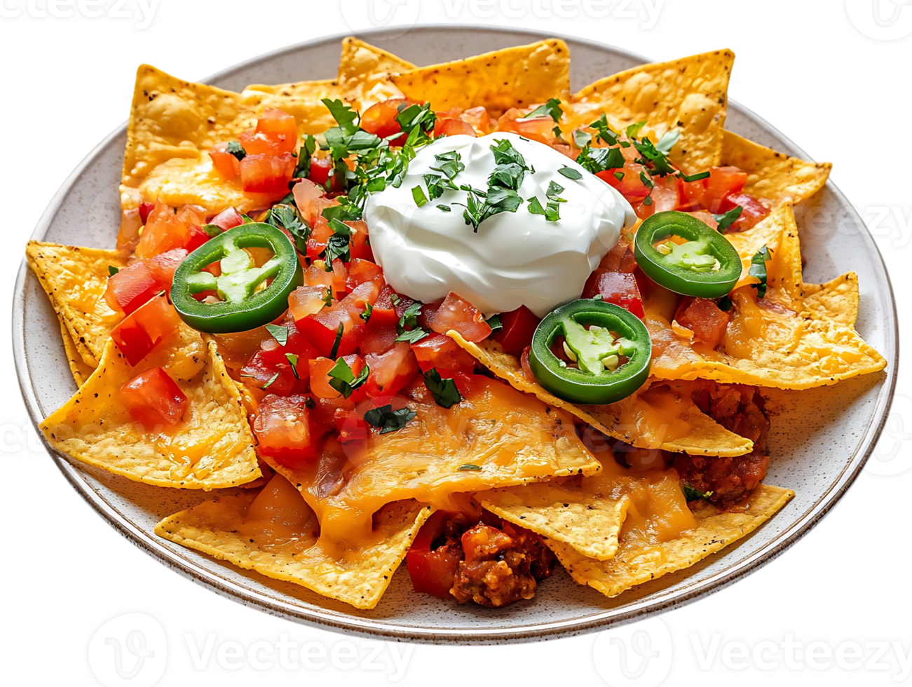 Deliciously Loaded Nachos with Melted Cheese, Pico de Gallo, Sour Cream, and Jalapeos on a Transparent Background png