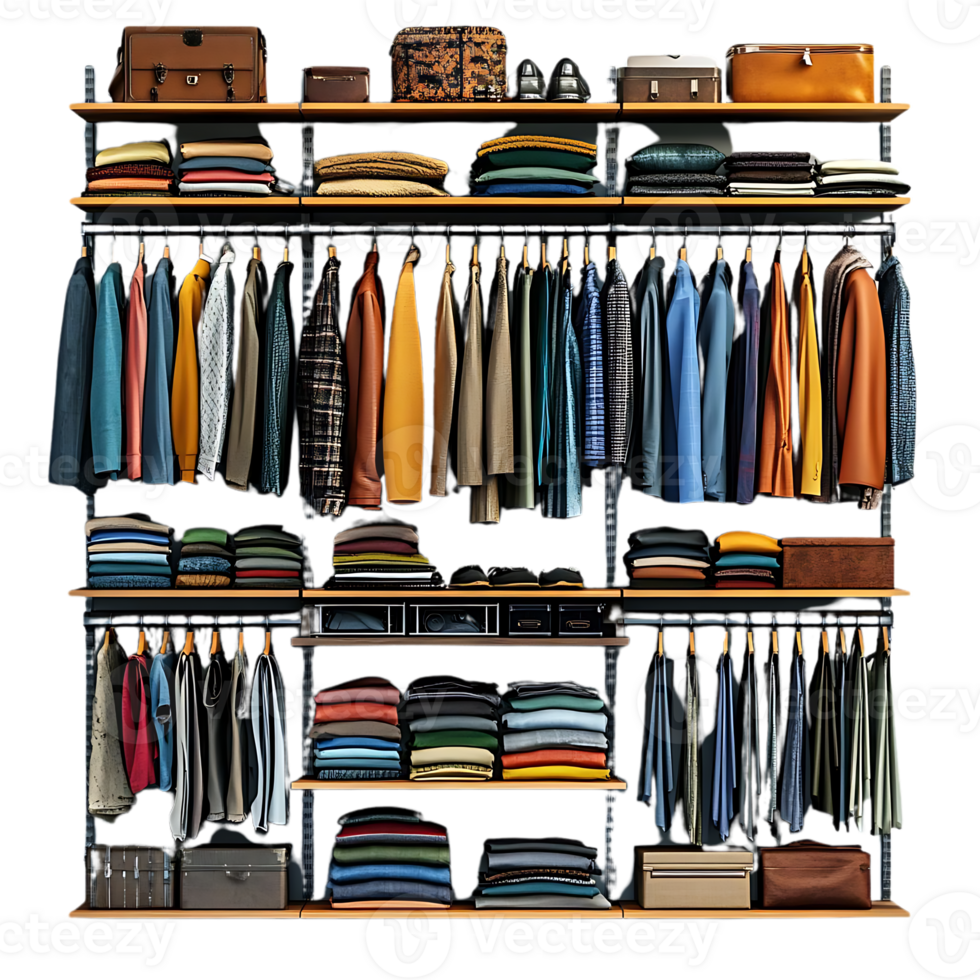 Organized Closet with Transparent Background A Well-Organized Closet with Clothes and Accessories, Featuring a Transparent Background for a Clean and Modern Aesthetic png
