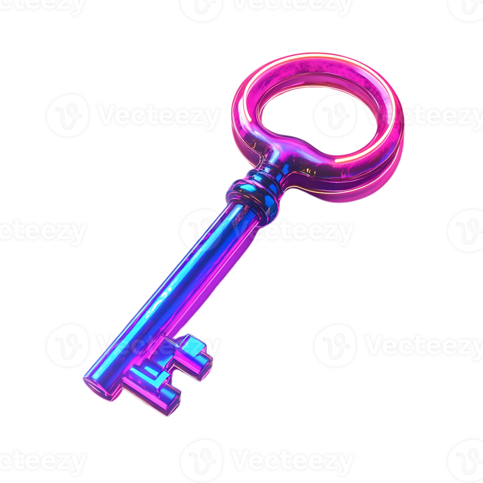 Shiny, Holographic Key with a Transparent Background A 3D Render of a Colorful Key with a Clear Background png