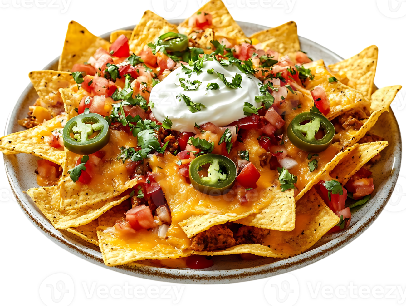 Delicious Nachos Loaded with Melted Cheese, Pico de Gallo, Jalapeos, Sour Cream, and Cilantro, Perfect for a Spicy Snack png