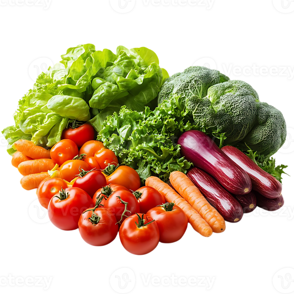 Fresh Vegetables with Transparent Background A Colorful Display of Tomatoes, Carrots, Broccoli, Lettuce, and Eggplants png