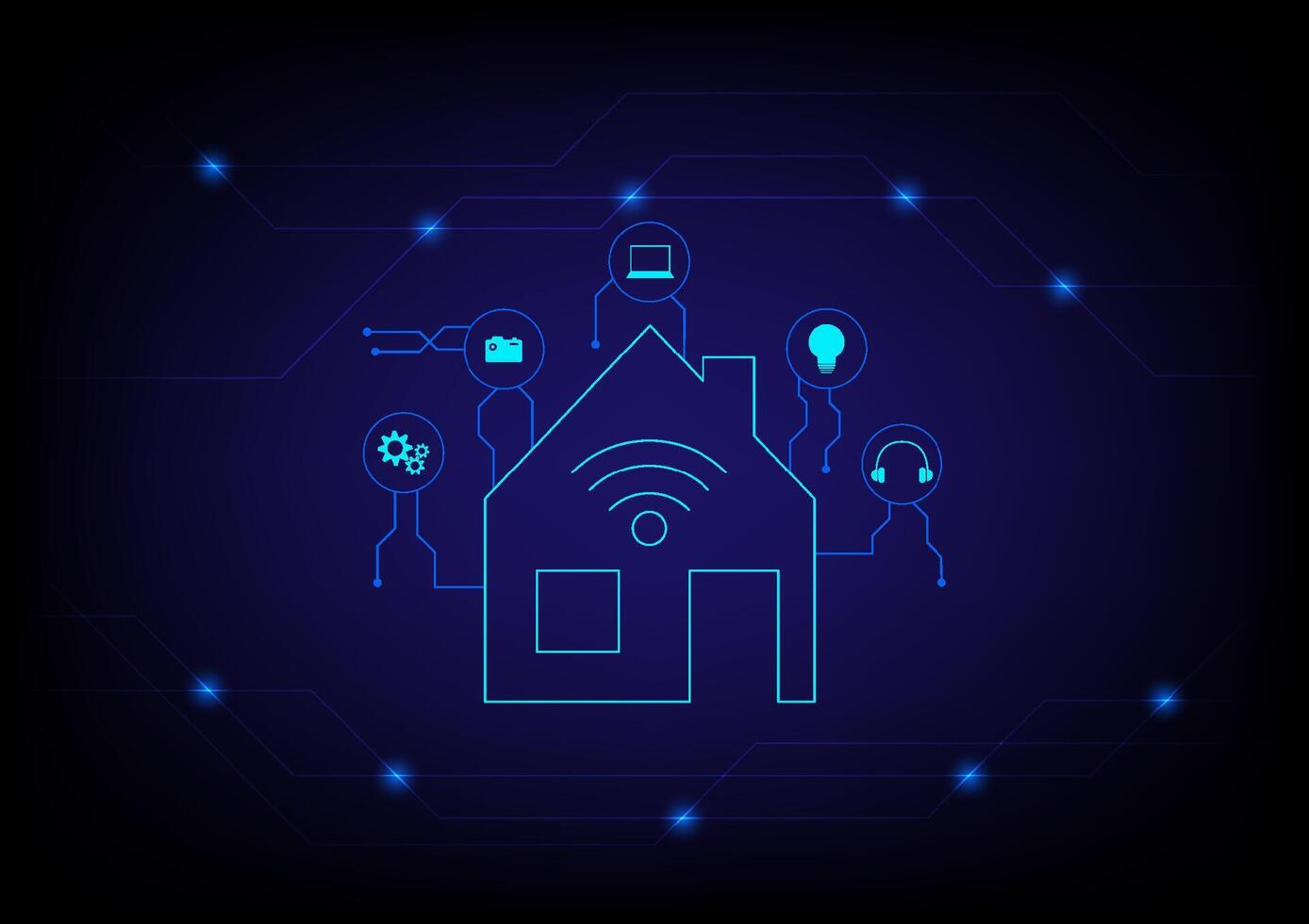 Smart home concept. Futuristic of the house with automation assistant virtual screen. Home with technology icon on dark blue background. vector