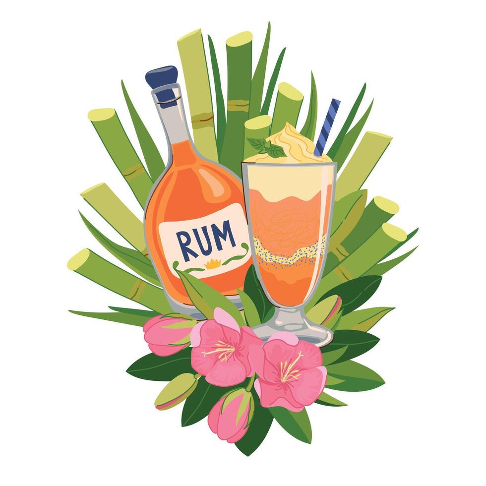 composition with bottle of rum, refreshing cocktail and tropical flowers. Illustration for beach bar menu. Cruise vacation, summer holidays, party, cafe, vacation. vector