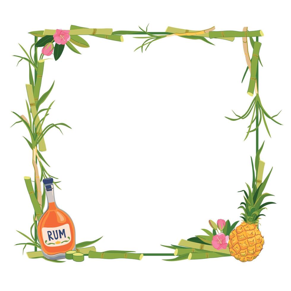 square frame with rum bottle, pineapple and tropical flowers. Template for text. Illustration for beach bar menu. Cruise vacation, summer holidays, party, cafe, vacation. vector