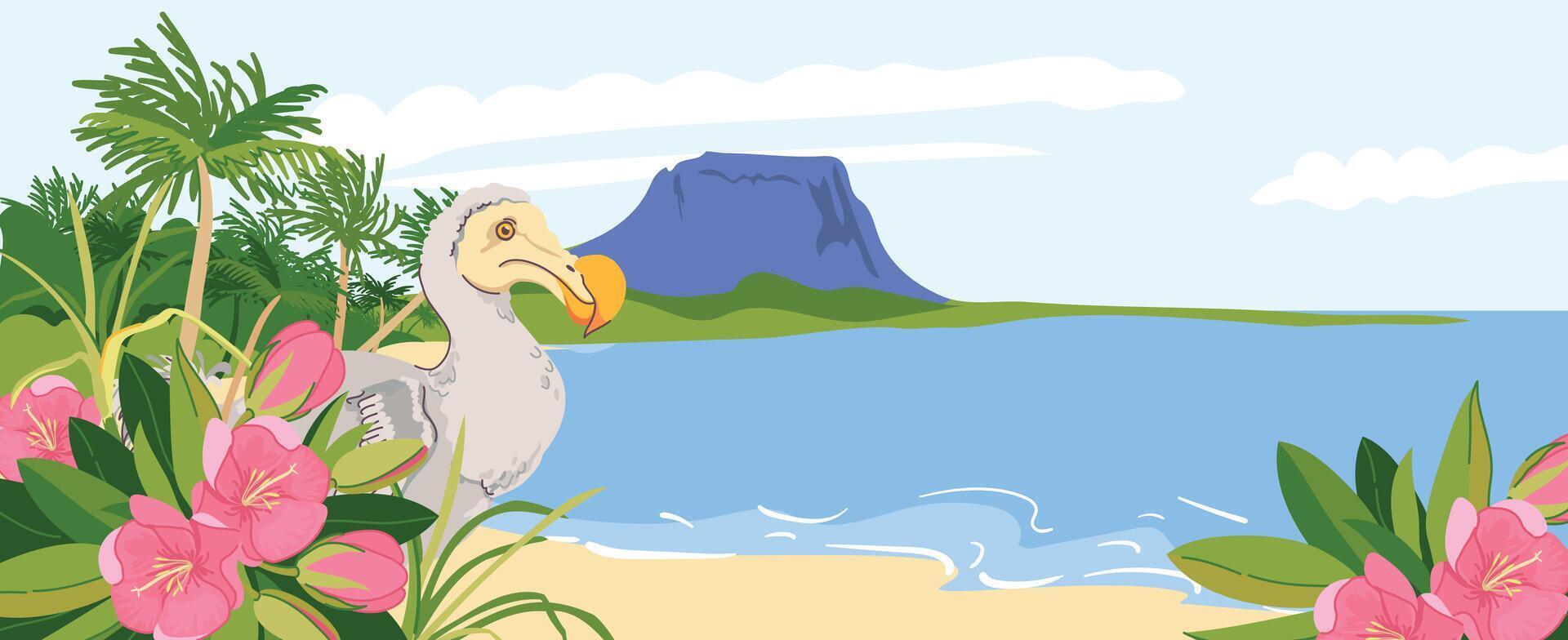 View from the beach to the panorama of Mauritius island and Le Morne Brabant mountain. Dodo endemic extinct bird, flowers of Mauritius trochetia boutoniana. landmarks in flat style. Paradise. vector