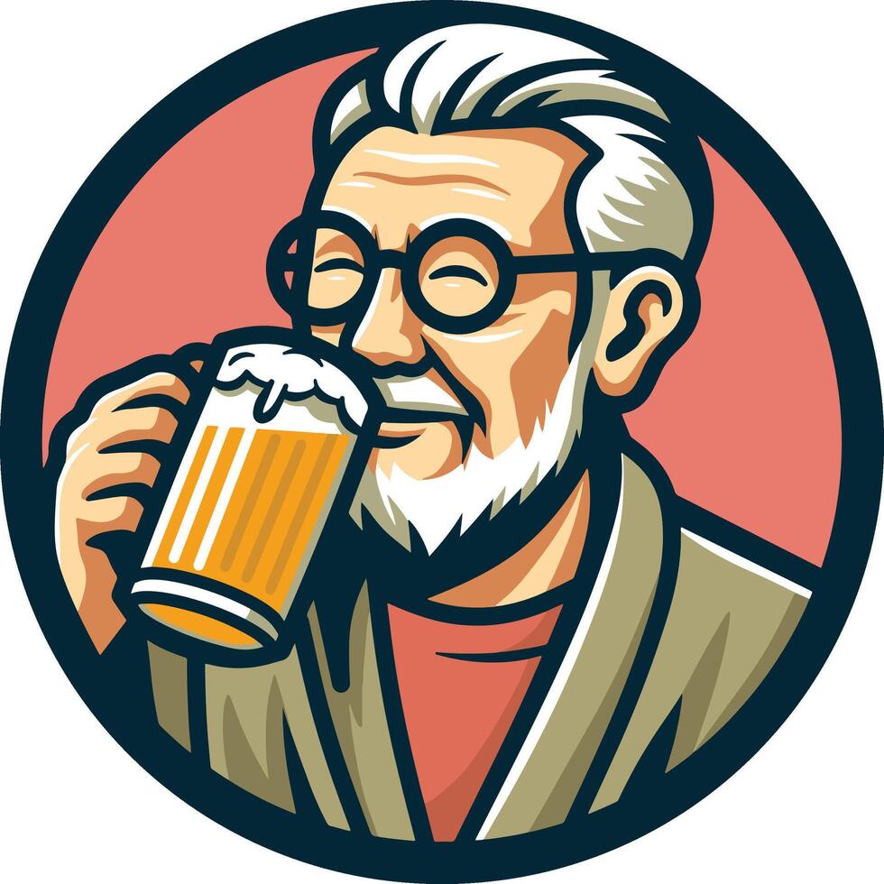 Vintage Old Man Drink Beer Circular Design vector