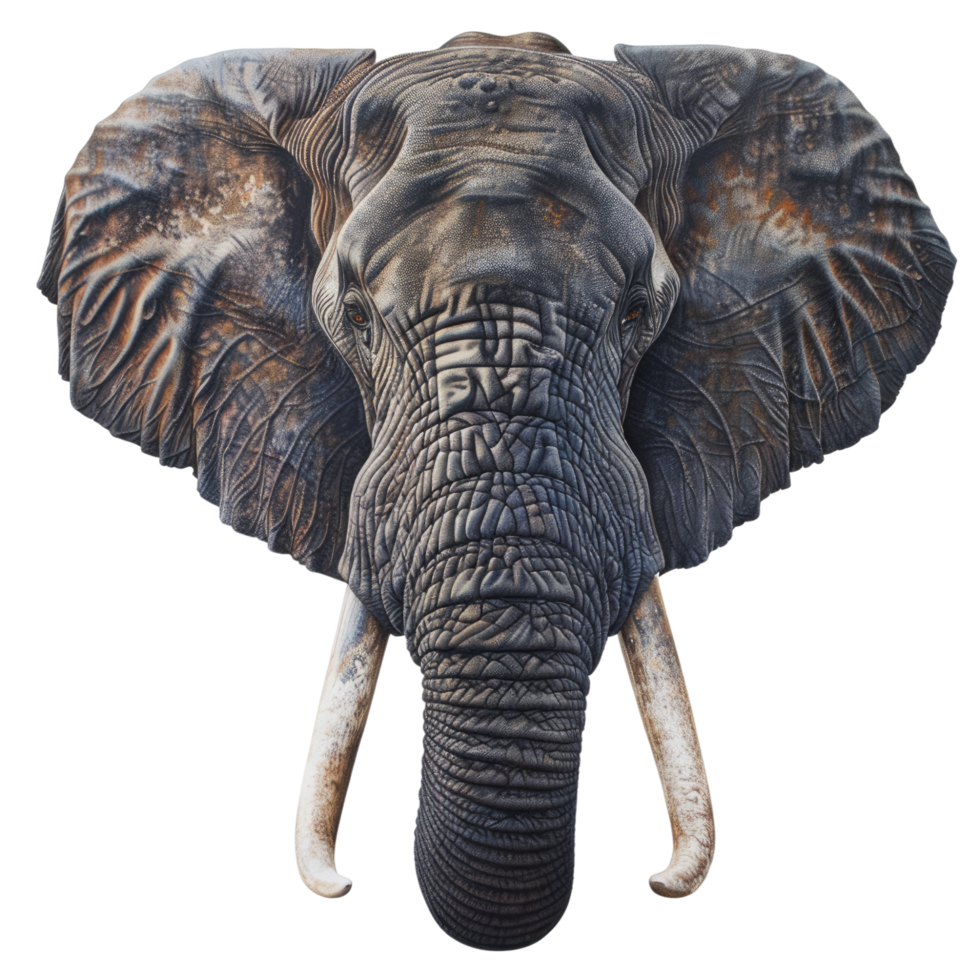 Elephant front face view, teeth, ears trunk png