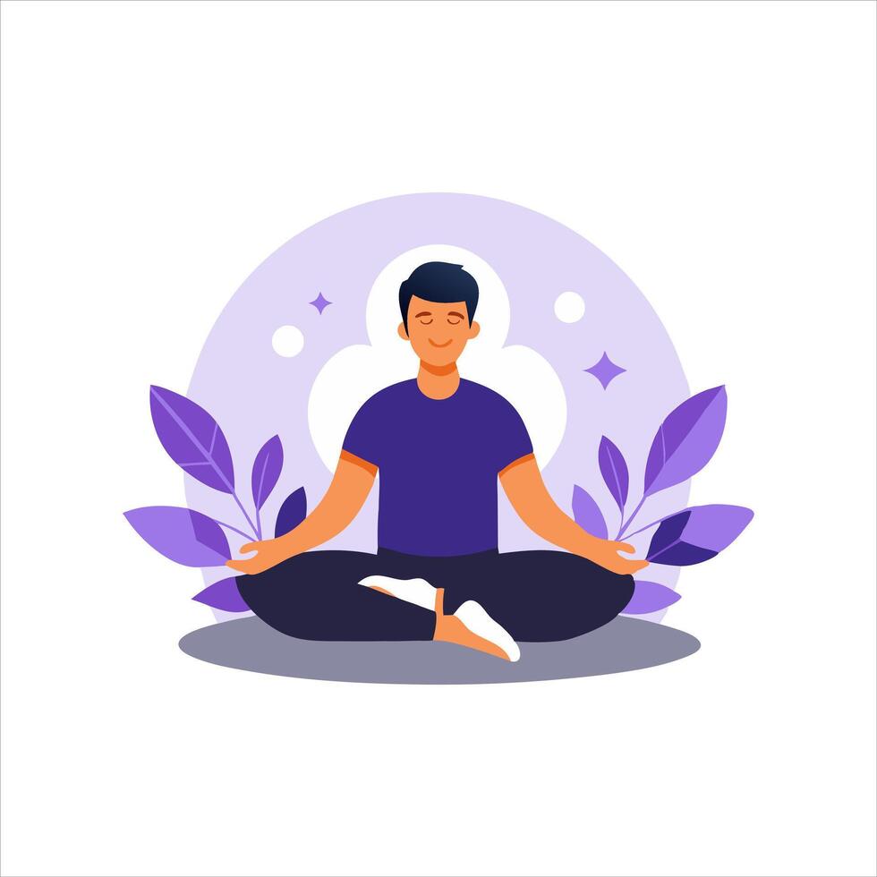 illustration of a man meditating in lotus pose with leaves and yin-yang symbol vector