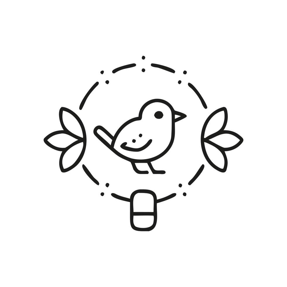 Minimalist black and white bird in a circle with leaf details.. vector
