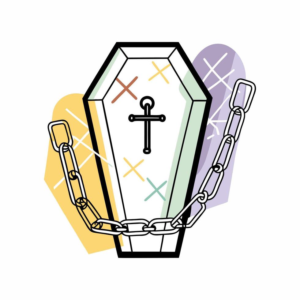 Colorful illustration of a coffin with a chain and cross.. vector