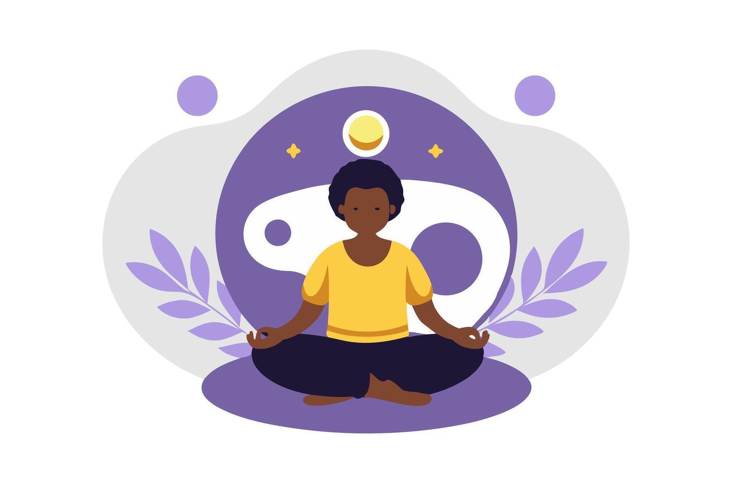 illustration of meditating people in lotus pose with yin-yang symbol and leaves vector