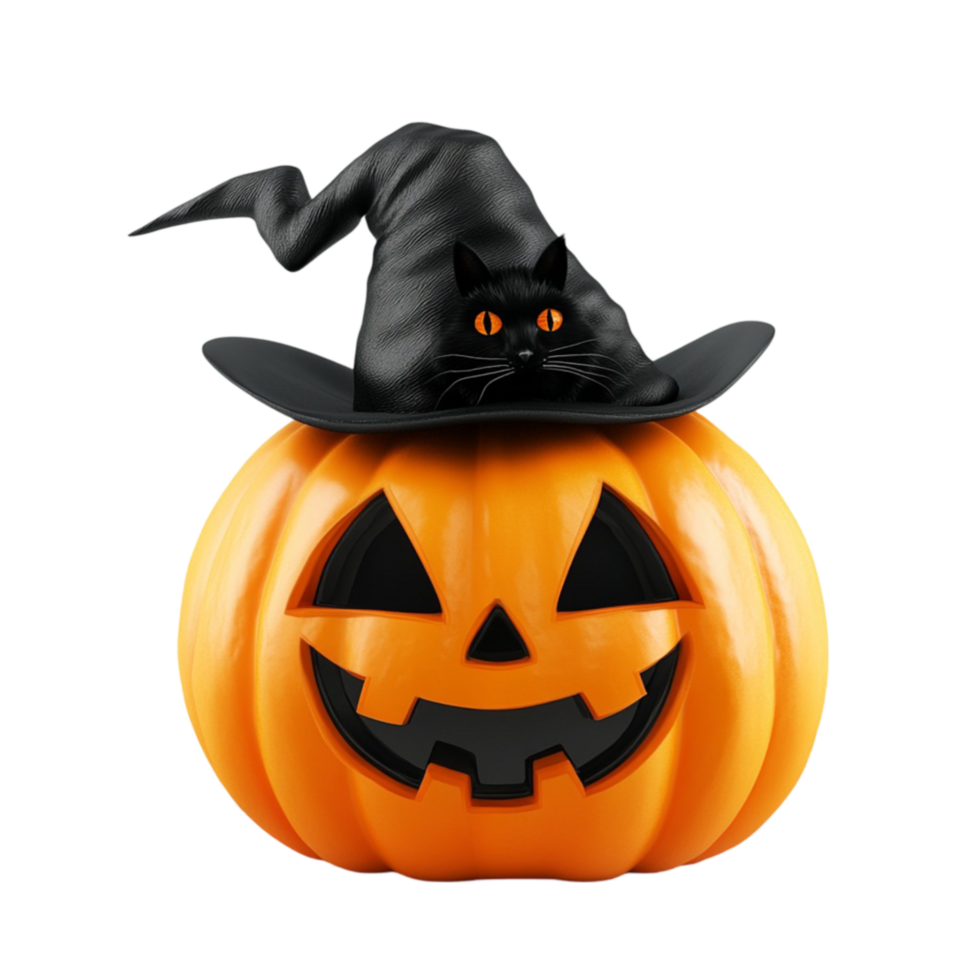 Jack-o'-Lantern with a Black Cat Wearing a Witch's Hat on Top png