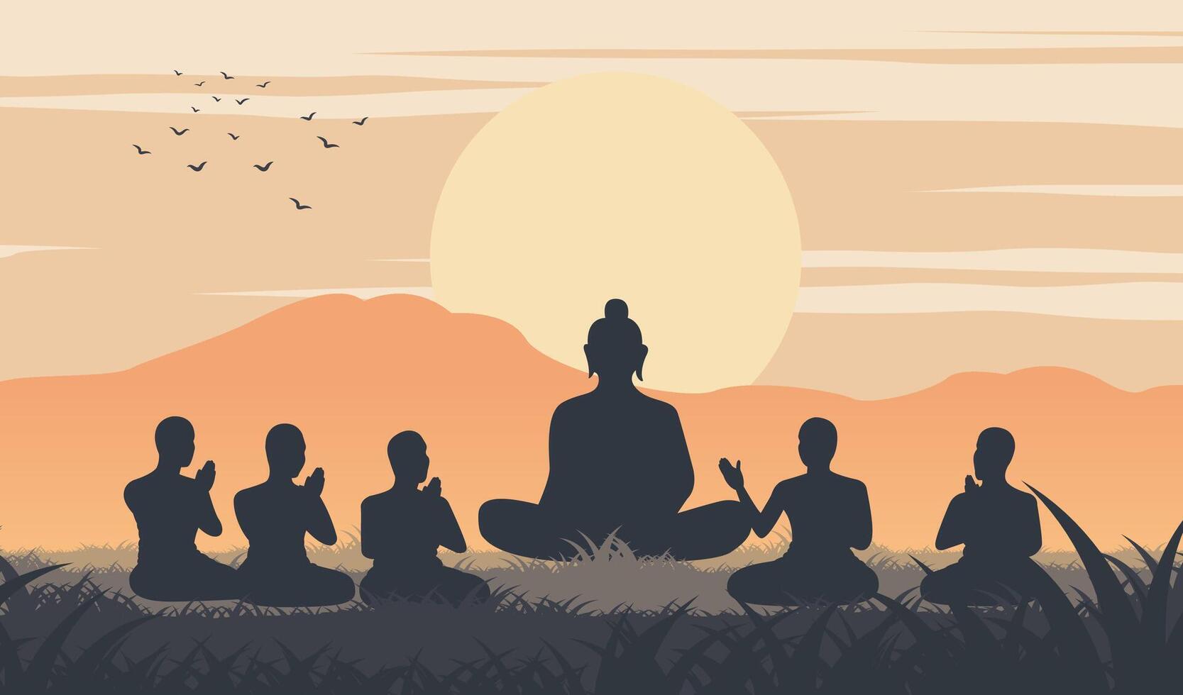 Lord of Buddha sermon to five ascetics and was enlighten become first monk of Buddhism,silhouette design vector