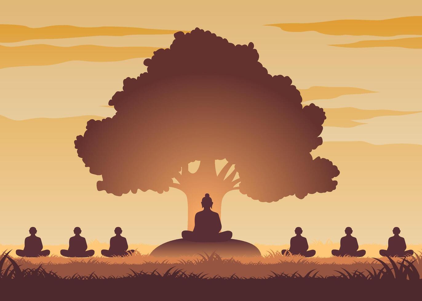 lord of buddha and monks meditation under bodhi tree vector