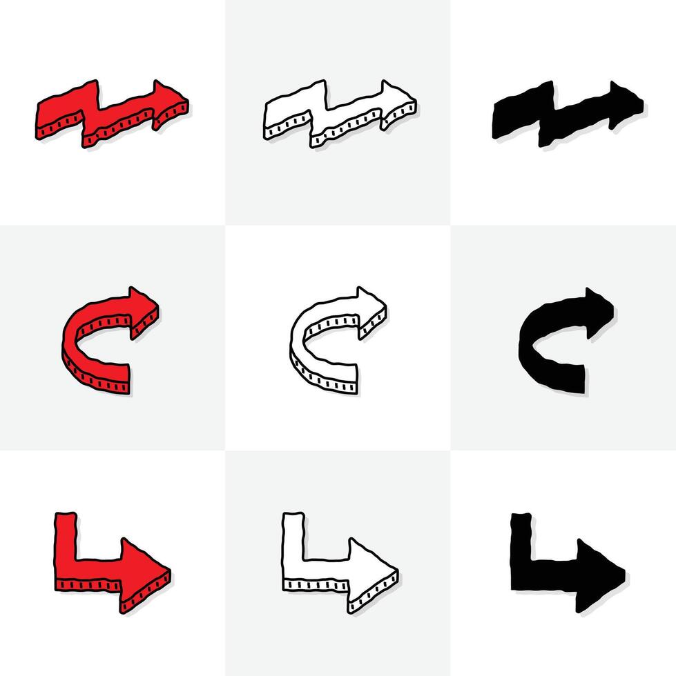Hand drawn cartoons arrows, collection of different curves arrow, line art, silhouette icons vector