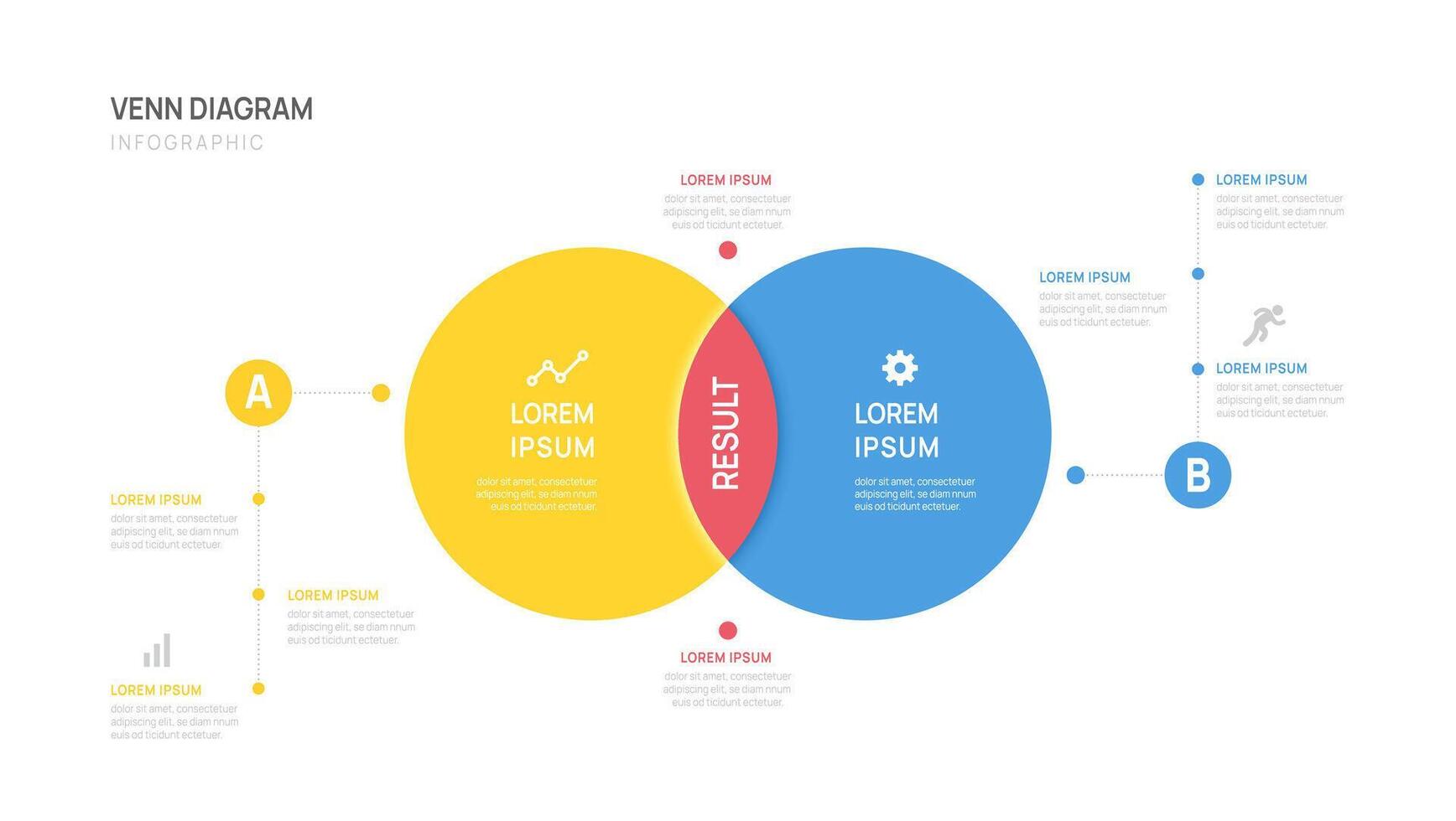 Infographic circle Venn diagram chart template for business start up presentation with venn diagram elements illustration. vector