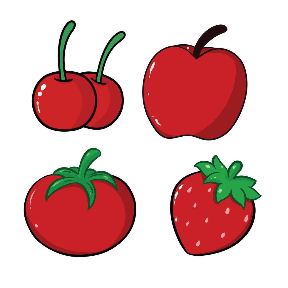 set of red tomatoes apple strawberry and cherry illustration vector