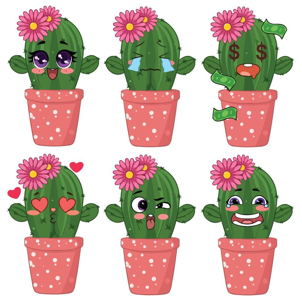 set of cute funny cactus in pots illustration vector