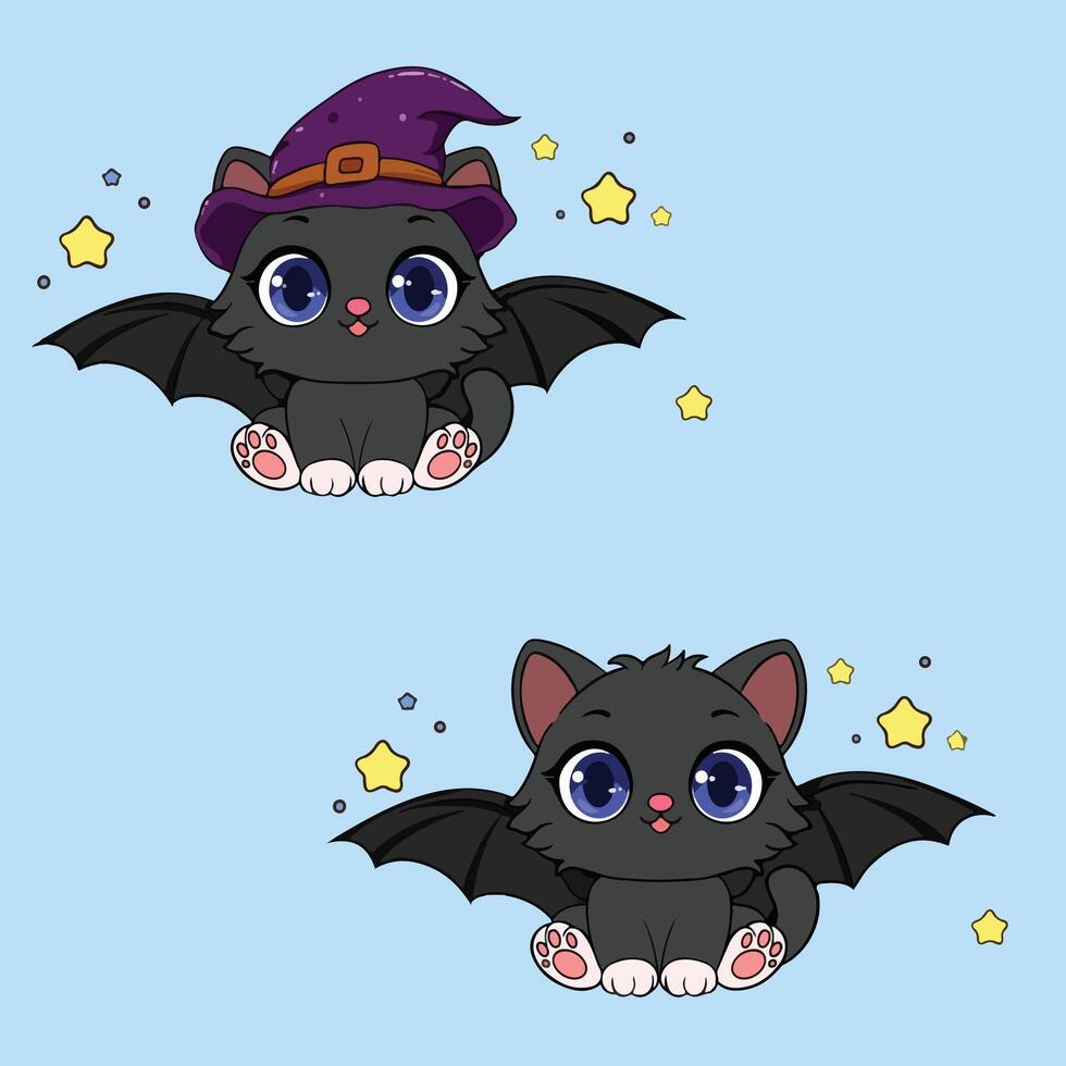 halloween witch cat with a bat illustration vector