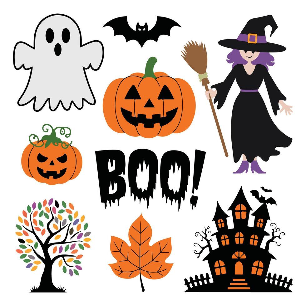 Halloween design hand-drawn set for stickers, posters, party invitations, gift or greeting cards, Handwritten lettering, cartoon doodles, vector