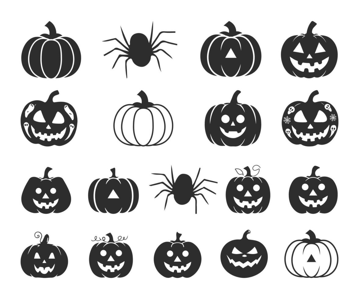 Halloween Pumpkins Silhouette, Pumpkins Different Shapes Silhouette Set, Scary Spooky Carving Pumpkins. vector