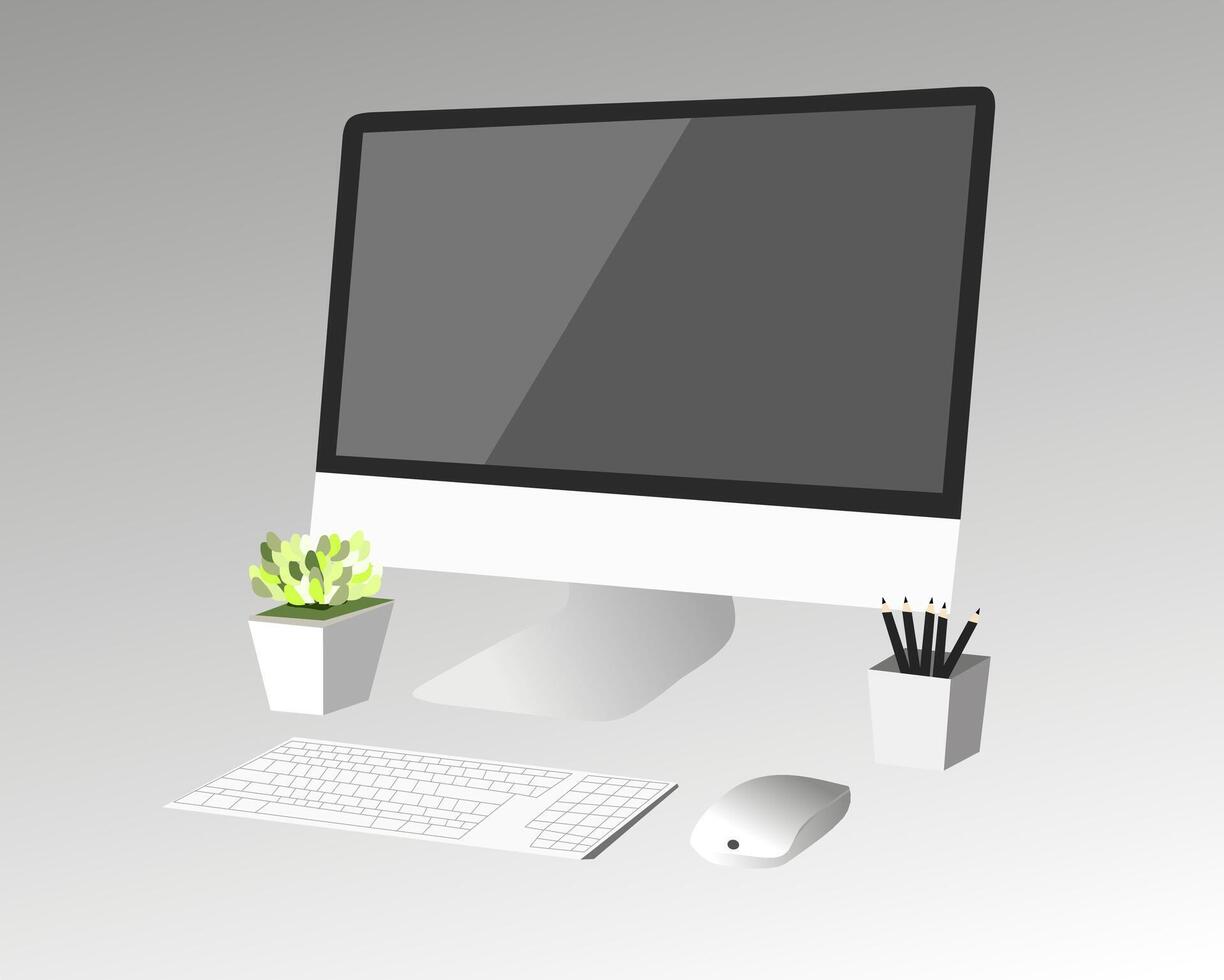 computer monitor, keyboard, mouse and plant on a gray vector