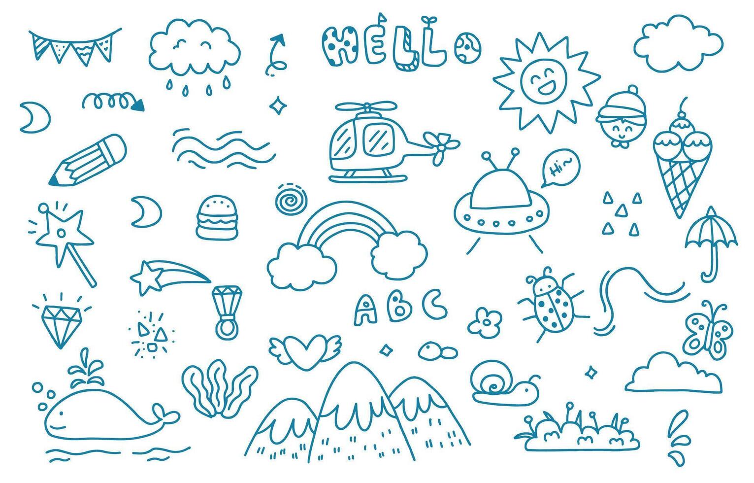 cute doodle element object with mountian,boy,sun for nursery school design vector