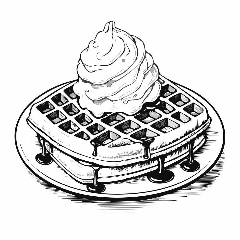 Waffle with Ice Cream Food Meal Menu Dish Delicious Cuisine Eat Sketch Style vector