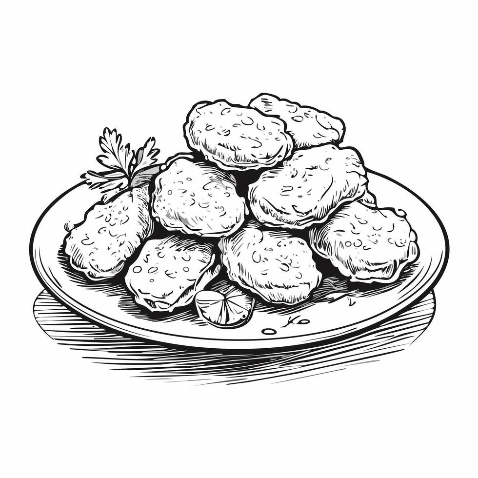 Chicken Nugget Food Meal Menu Dish Delicious Cuisine Eat Sketch Style vector