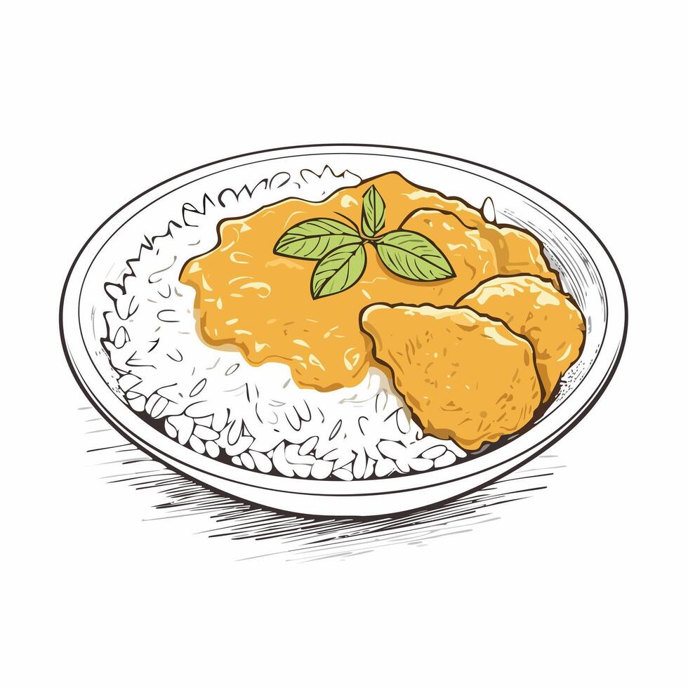 Rice Chicken Curry Food Meal Menu Delicious Cuisine Eat Sketch Style vector