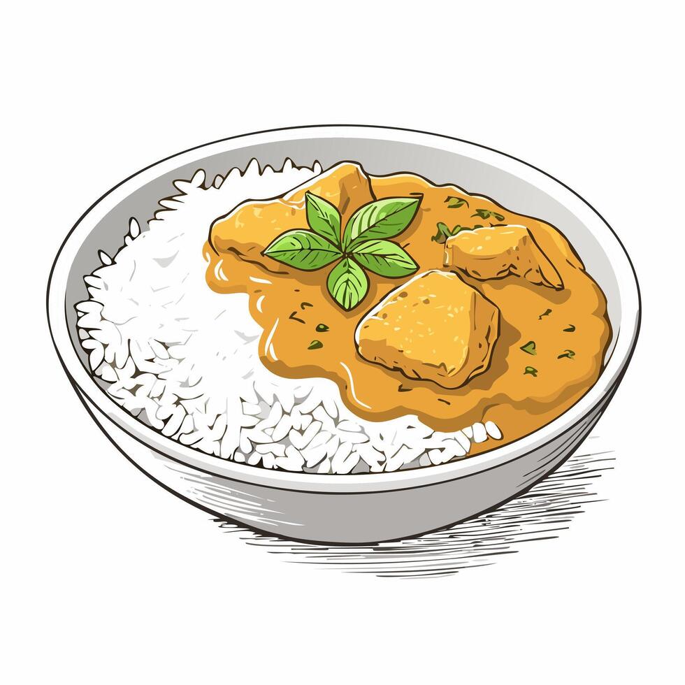 Rice Chicken Curry Food Meal Menu Dish Delicious Cuisine Eat Sketch Style vector