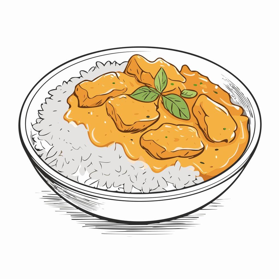 Rice Chicken Curry Food Meal Dish Delicious Cuisine Eat Sketch Style vector