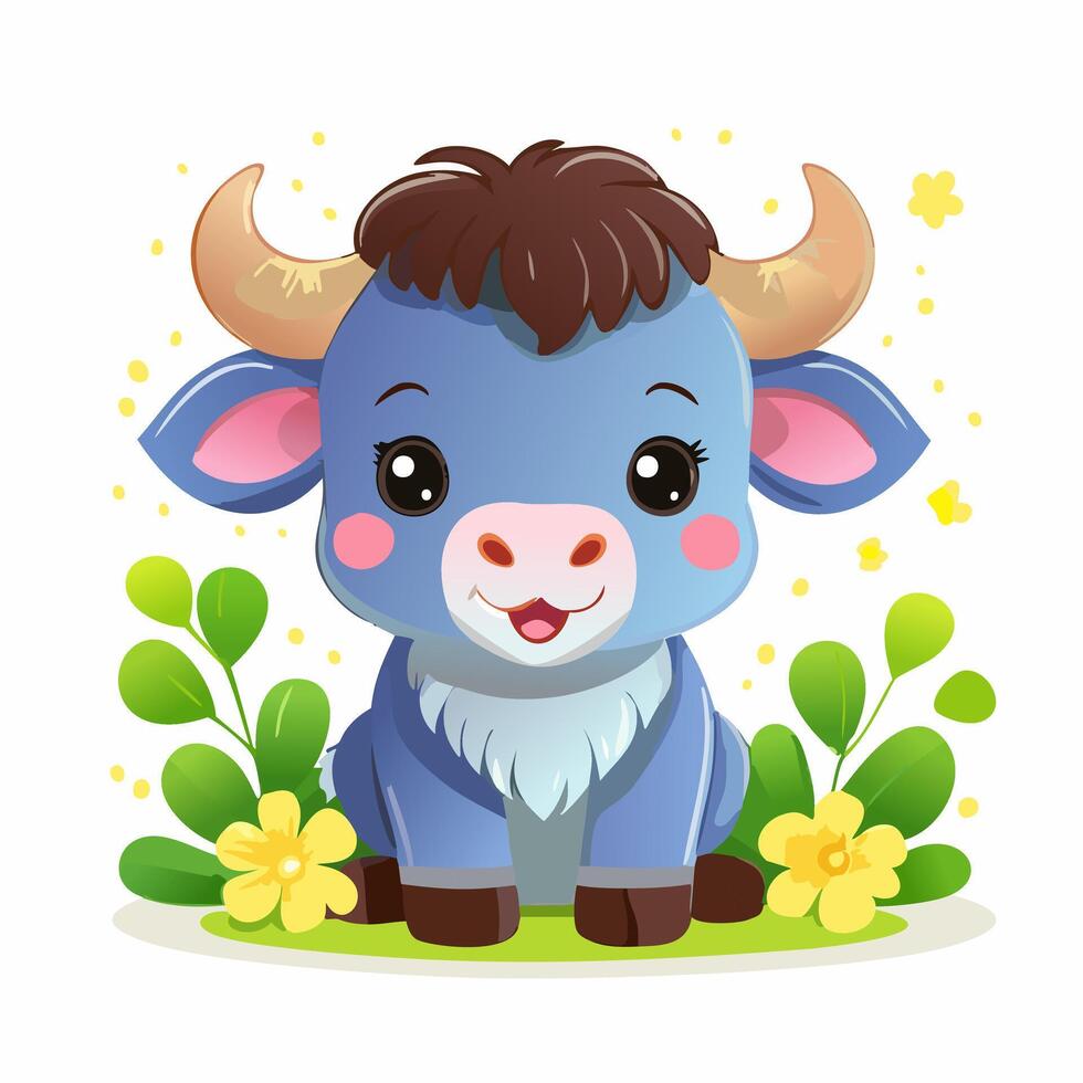Buffalo Cute Small Cartoon Animal Character vector