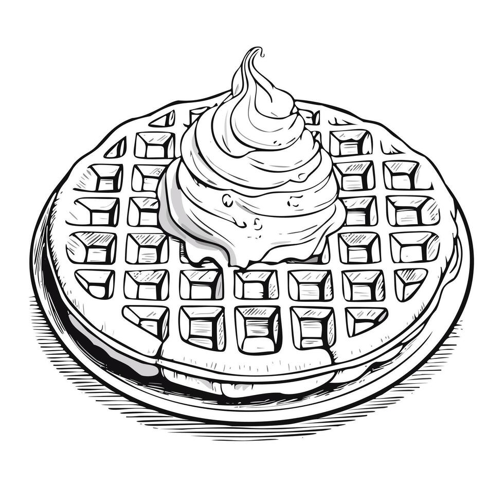 Waffle with Ice Cream Food Meal Menu Dish Delicious Cuisine Sketch Style vector