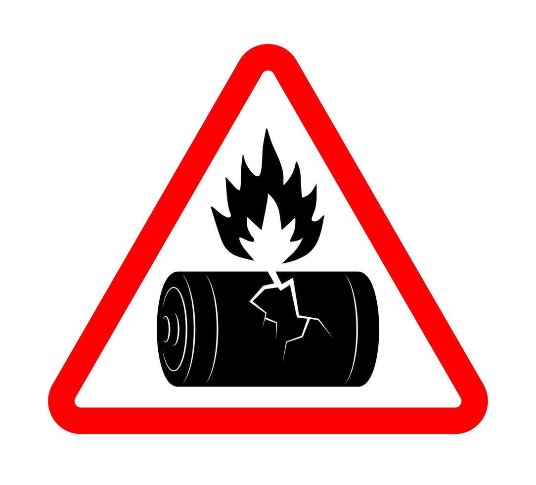 damaged broken battery with fire hazard sign. Disposal of flammable batteries. Isolated on white background vector