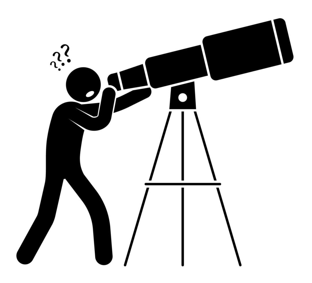 Scientist, stick man observes with Telescope stars and planets of solar system. Space exploration. Simple black and white isolated on white background vector