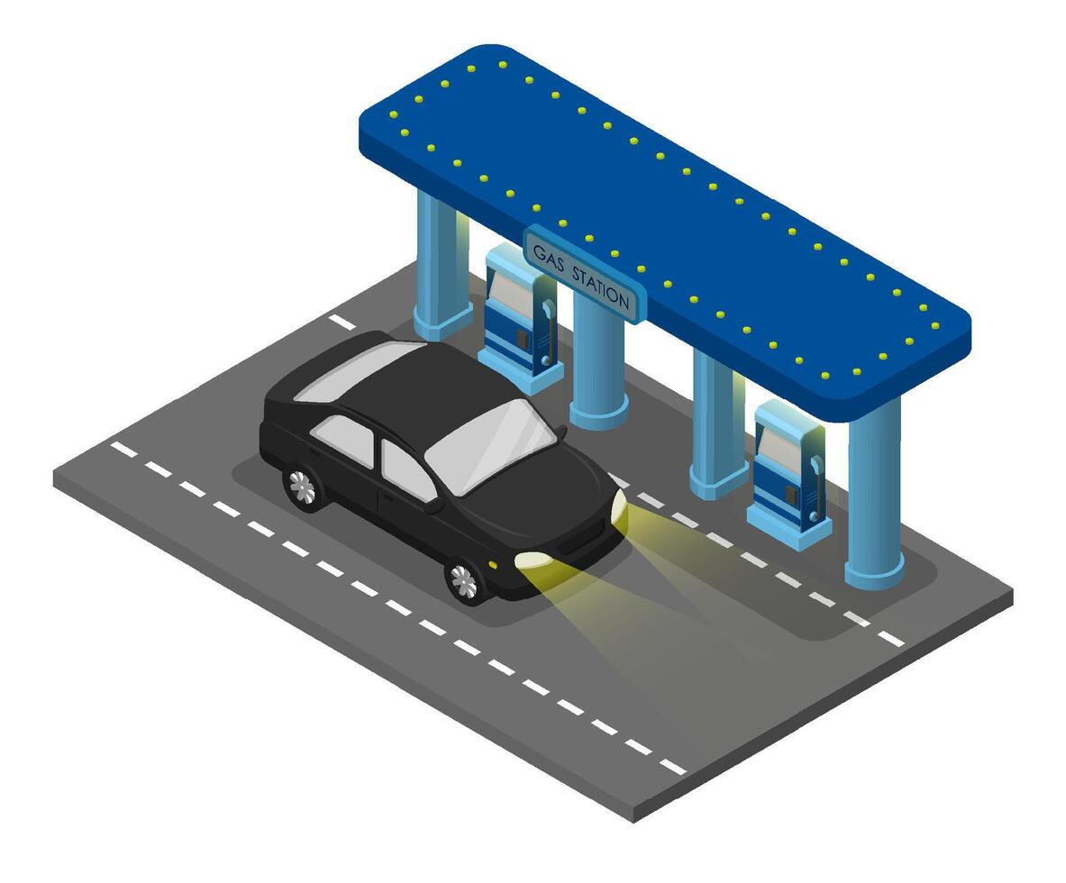 Isometric illustration. Passenger car refueling at gas station. Use of minerals as fuel. Cartoon 3d isolated on white background vector
