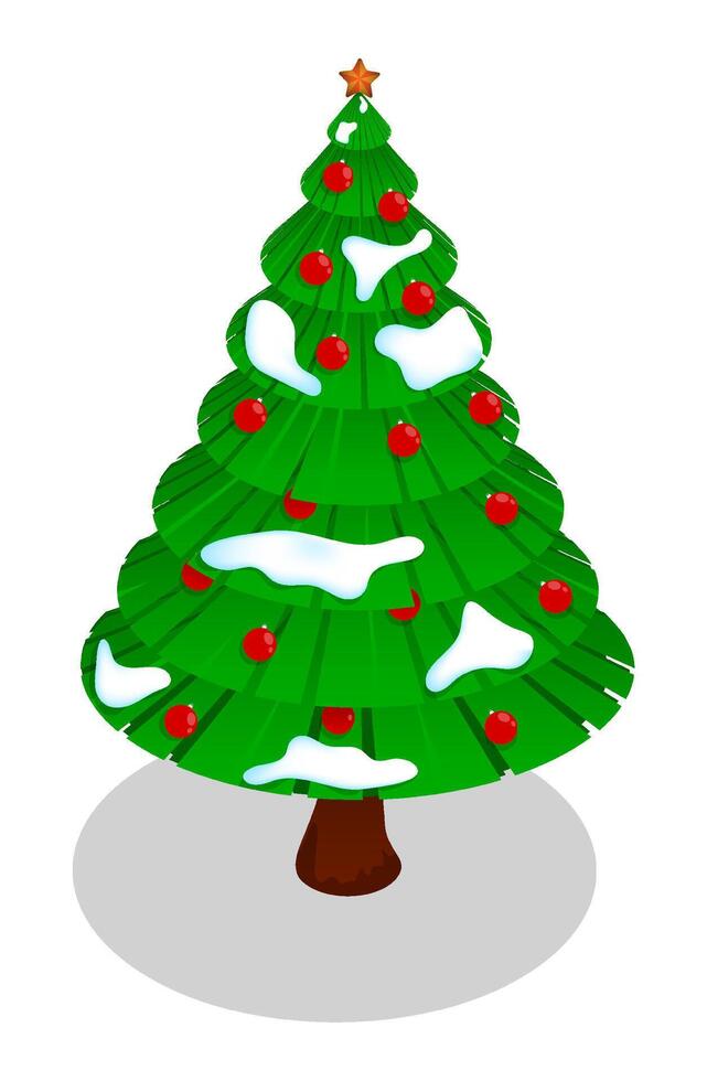 Green New Years Christmas tree in isometric with red glass balls in cartoon style. Celebrating new year and christmas. Isolated on white background vector