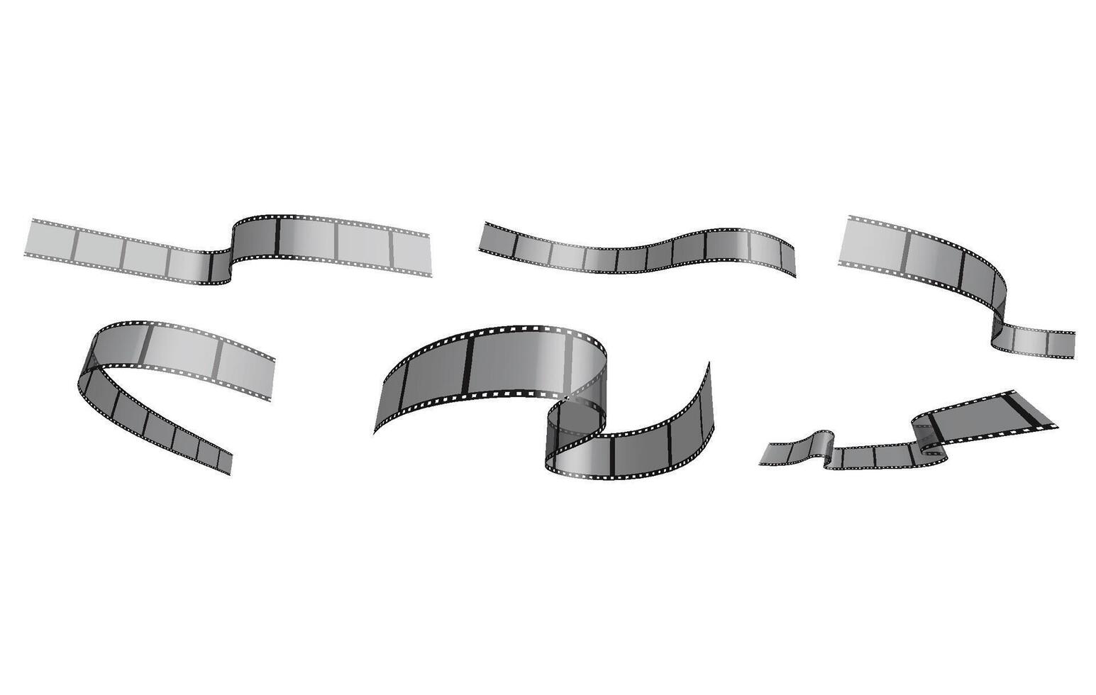 Set of photo film ribbons. Narrow strips of 35 mm tape for filming waving in wind. Separation into lower and upper layers. Design element. 3d on white background vector