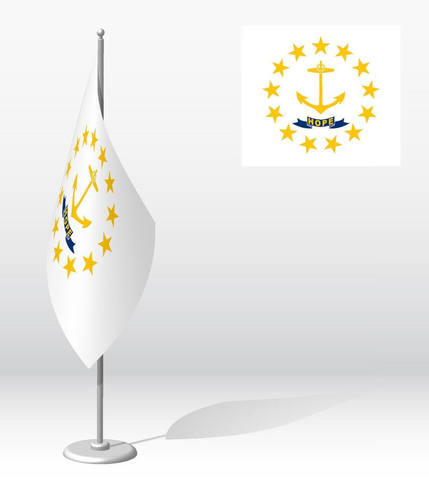 flag of american state of RHODE ISLAND on flagpole for registration of solemn event. Day of state of RHODE ISLAND. Realistic 3D on white vector