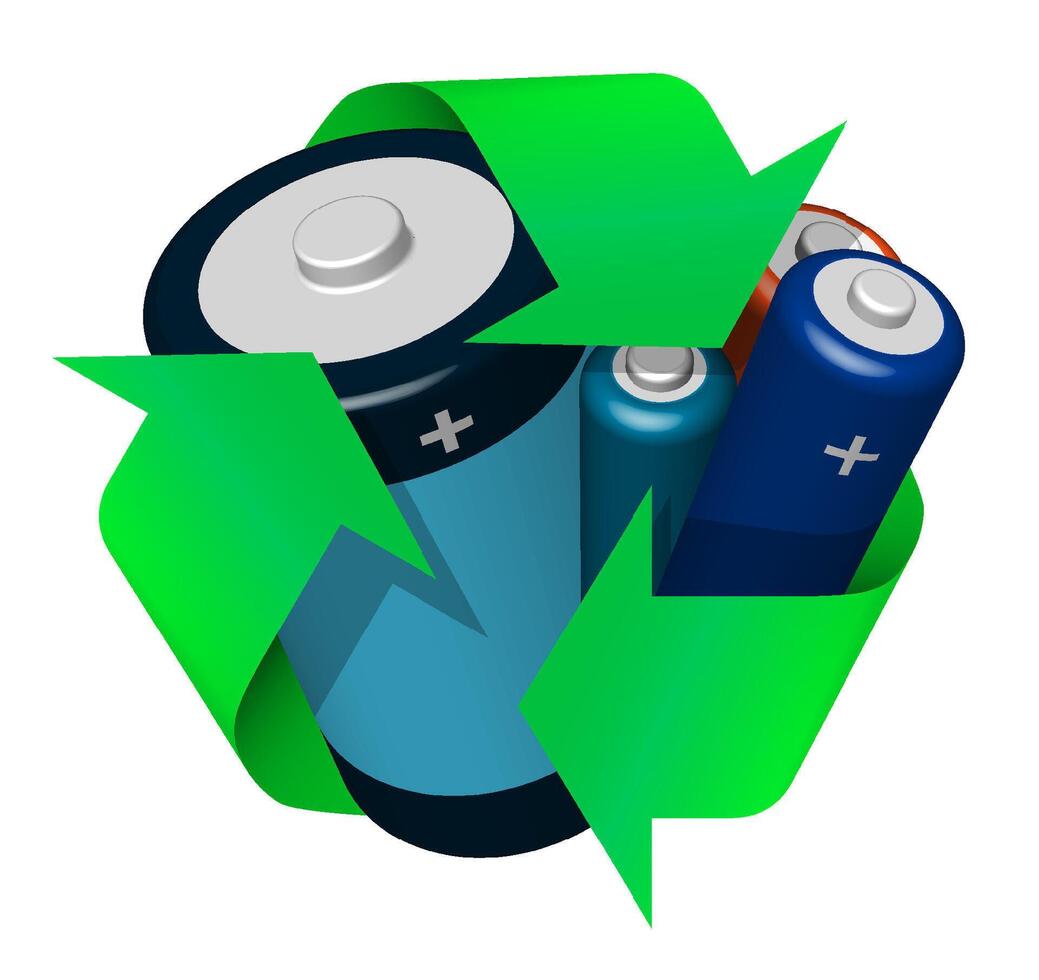 battery with green recycling sign. Recycling of batteries, green energy, alternative energy sources. Caring for ecology and environment. Realistic 3D vector