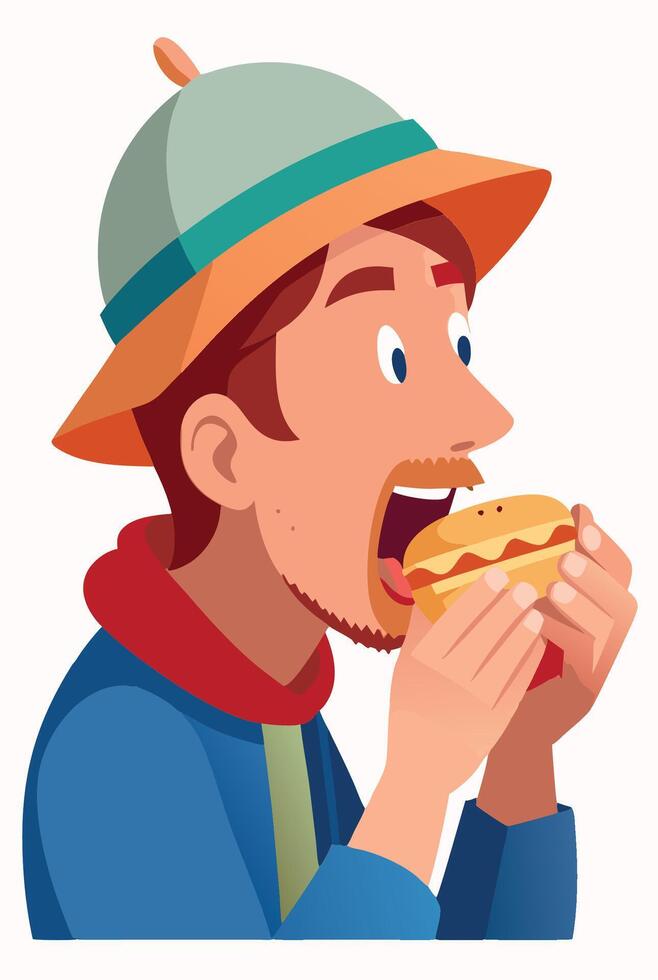 Hungry tourist eating burger on the beach- vector