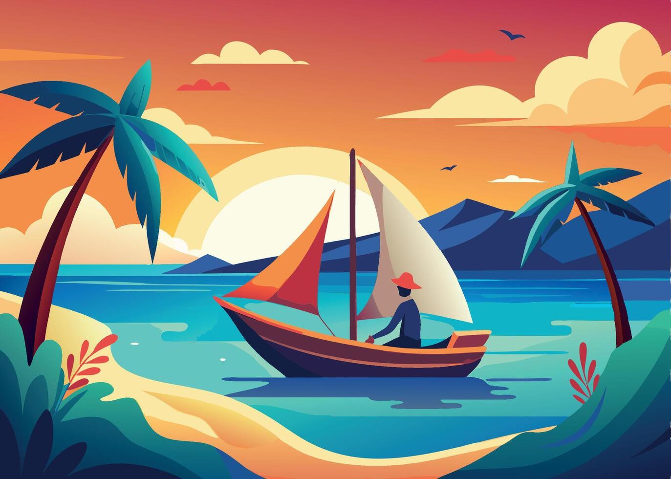 Man sailing away on calm ocean water at sunset near tropical island vector