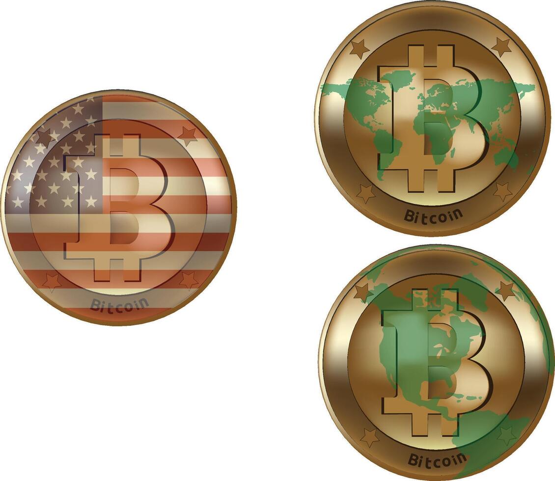 Bitcoin cryptocurrency global coins set vector