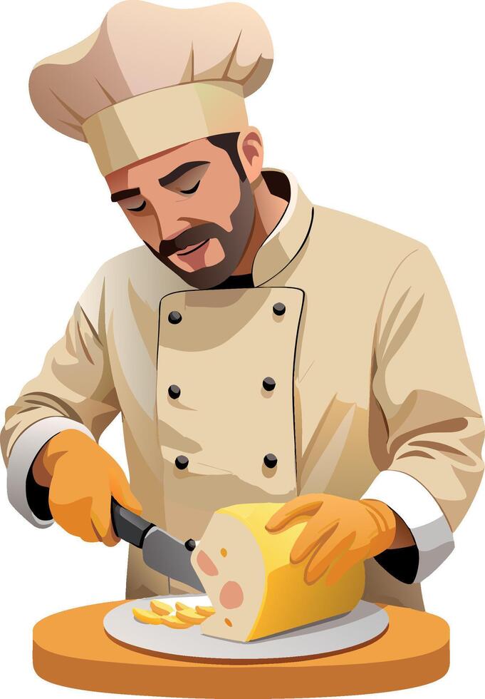 Professional chef concentrated while slicing cheese for restaurant food order vector