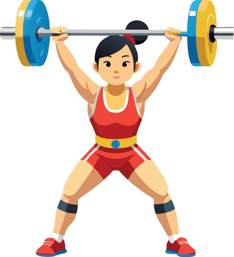 Young woman weightlifter is lifting a barbell with weights- vector