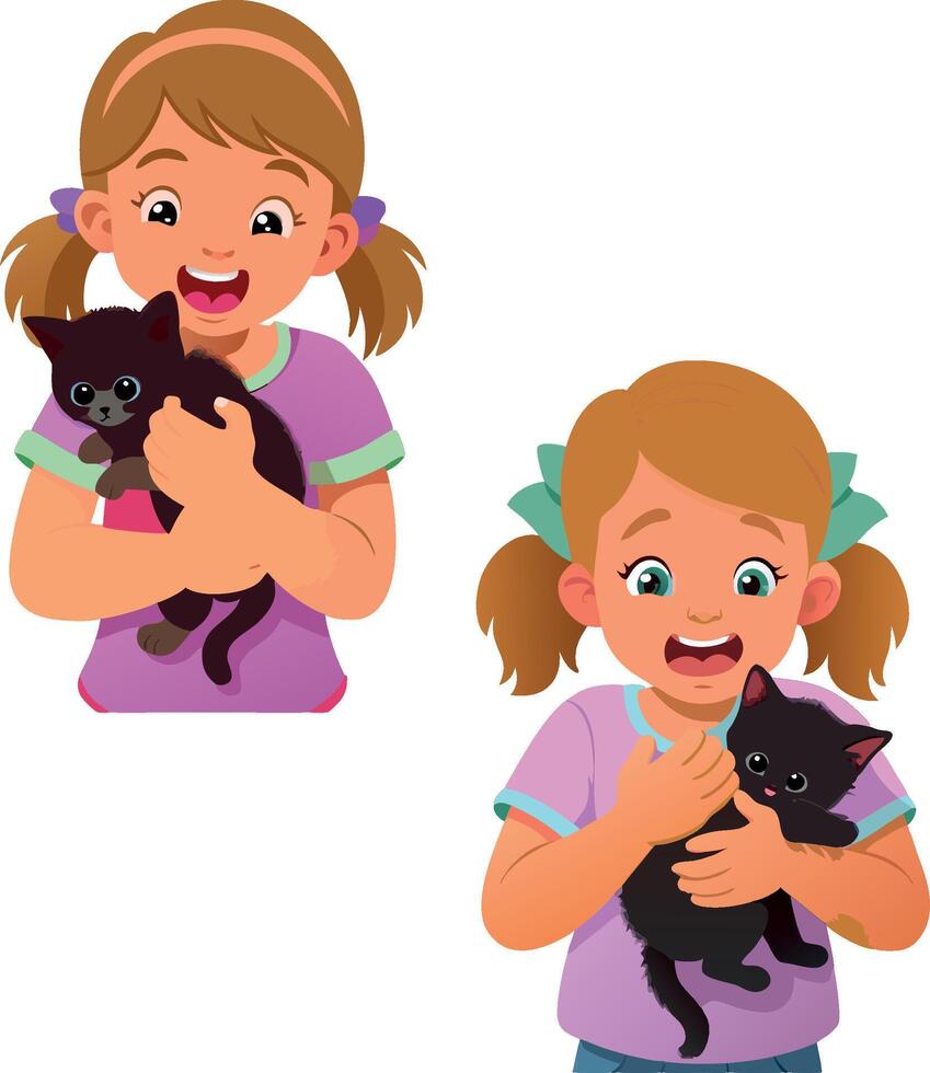 Happy child girl hugging black kitten pet- vector