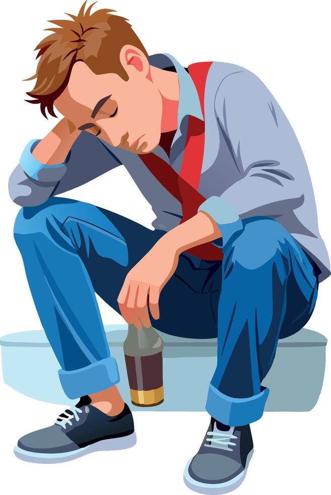 Young construction worker feeling depressed sitting on a sidewalk holding a beer bottle- vector