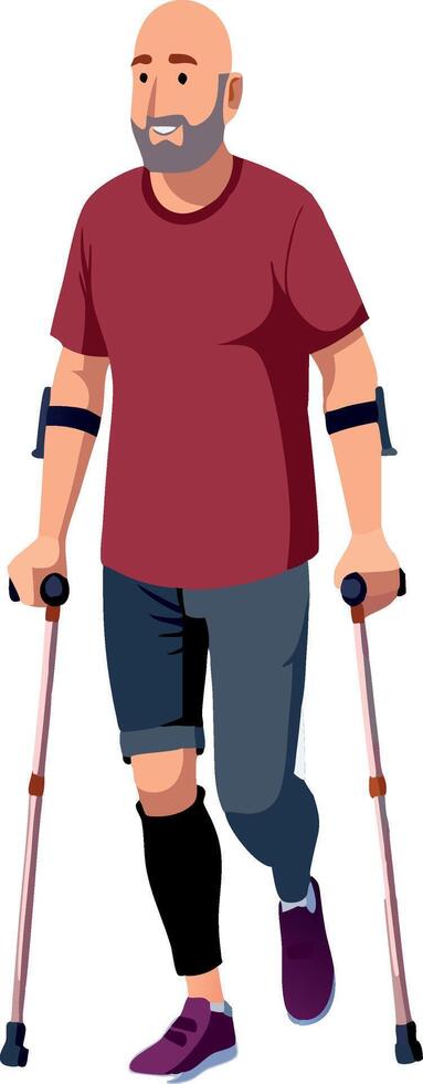 Smiling man with leg brace walking on crutches vector